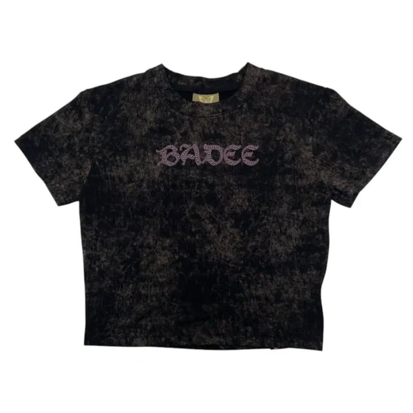 [BUNJANG] Badee Black Tie-Dye Stud Logo Crop Short-Sleeve T-Shirt / 배디 Badee 블랙 타이다이 스터드 로고 크롭 반팔 티셔츠