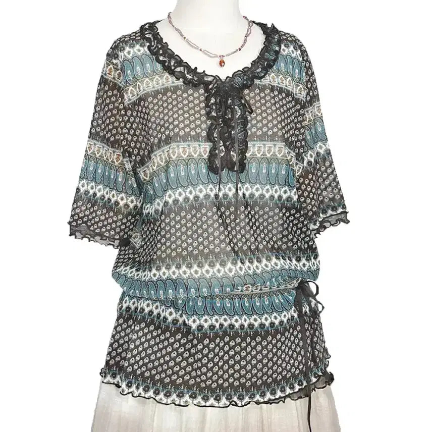 [BUNJANG] Vintage Paisley Frill Ruffle Sheer Blouse / 일본빈티지 쉬폰페이즐리프릴셔링망사블라우스티 민트브라운모리걸갸루y2k히피