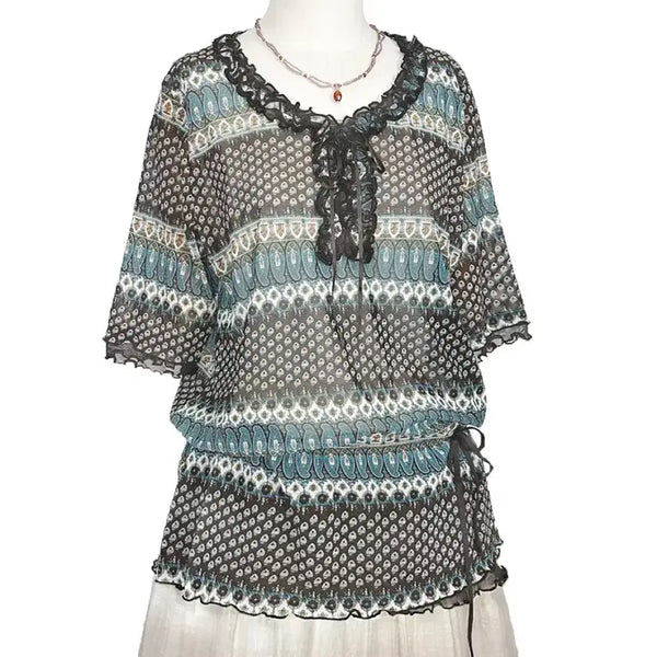 [BUNJANG] Vintage Paisley Frill Ruffle Sheer Blouse / 일본빈티지 쉬폰페이즐리프릴셔링망사블라우스티 민트브라운모리걸갸루y2k히피