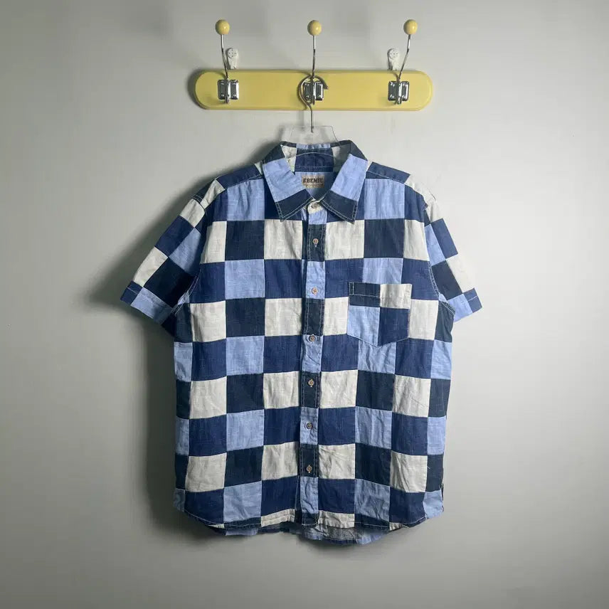 [BUNJANG] EBENIE Checkerboard Patchwork Short Sleeve Shirt L / EBENIE 에베니 체커보드 패치워크 반팔 셔츠 L