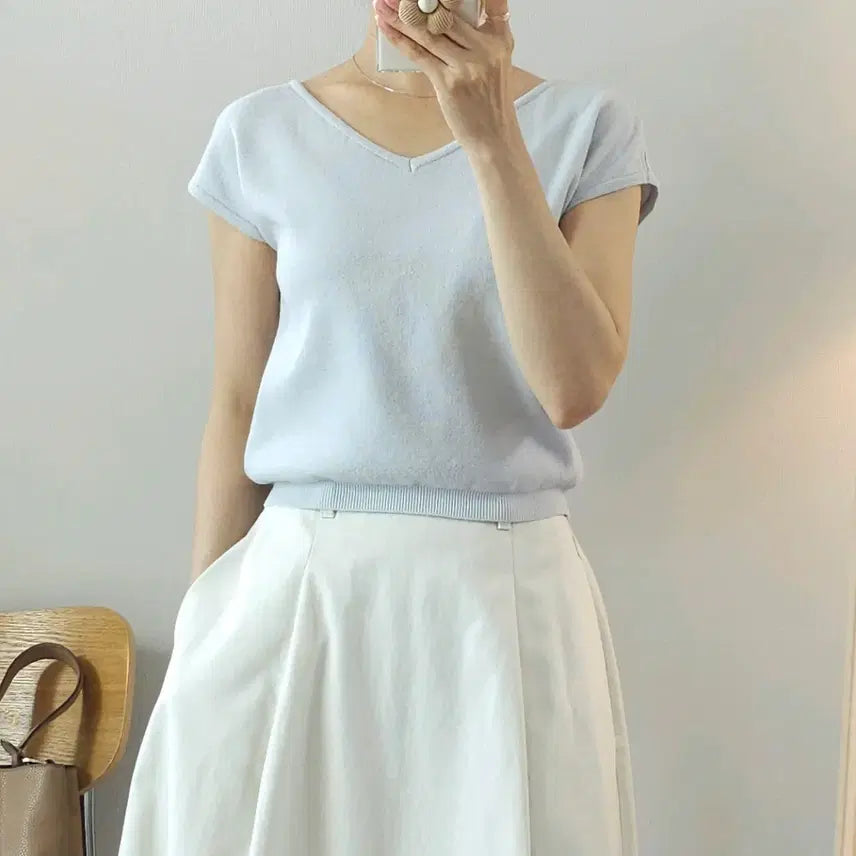 [BUNJANG] GANAE SRA Women's V-Neck Short Sleeve Knit (Sky Blue) / (F)가내스라 여성 반팔 니트