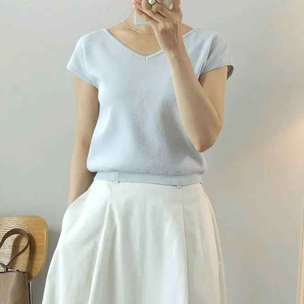 [BUNJANG] GANAE SRA Women's V-Neck Short Sleeve Knit (Sky Blue) / (F)가내스라 여성 반팔 니트