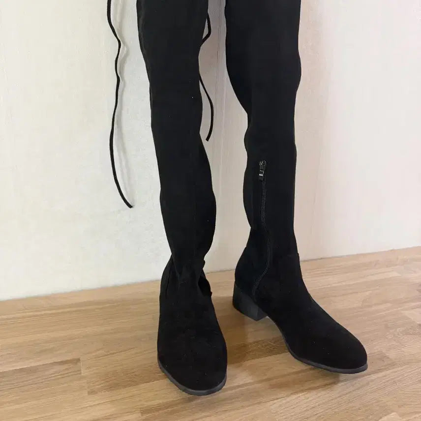 [BUNJANG] Black Suede Zip-Up High Boots (240) / 롱부츠 블랙 스웨이드 지퍼 스트링 240 싸이하이