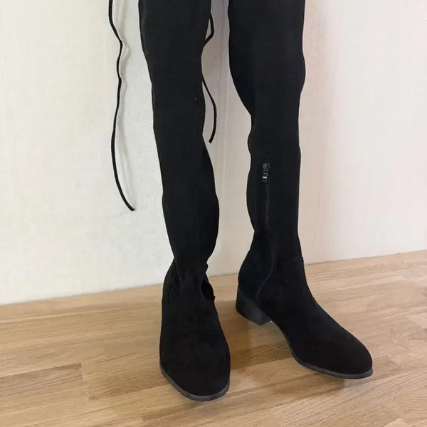 [BUNJANG] Black Suede Zip-Up High Boots (240) / 롱부츠 블랙 스웨이드 지퍼 스트링 240 싸이하이