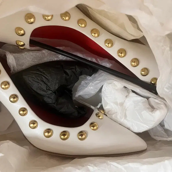 [BUNJANG] Diane von Furstenberg Women's White Leather Pumps with Gold Studs (7cm Heel, Size 6.5) / 다이안본퍼스텐버그 dvf 여성 화이트 펌프스 7cm (6.5 size)