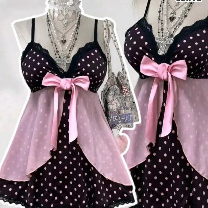 [BUNJANG] Water Drop Dot Lace Slip Dress Pink Ribbon 0XL / 물방울 도트 레이스 슬립 원피스 0XL 핑크 리본