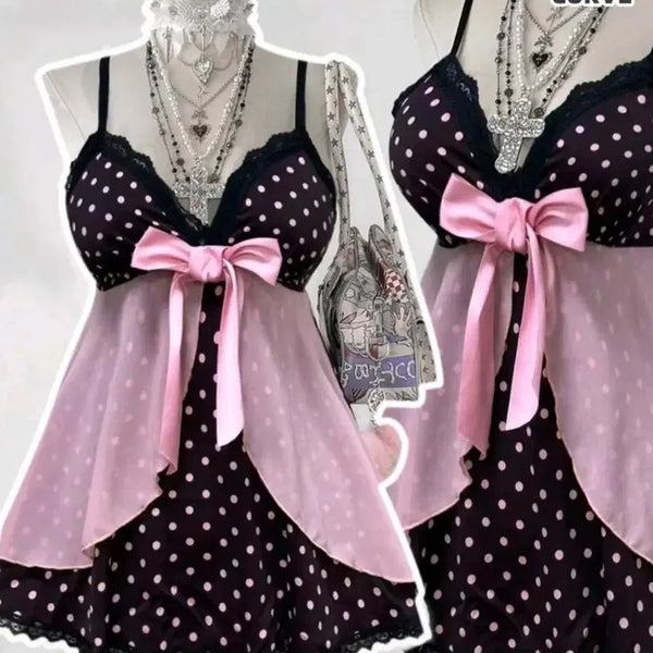 [BUNJANG] Water Drop Dot Lace Slip Dress Pink Ribbon 0XL / 물방울 도트 레이스 슬립 원피스 0XL 핑크 리본