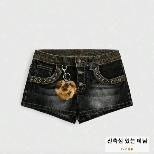 [BUNJANG] Gyaru Girl Vintage Y2K Leopard Low Waist Denim Shorts / 갸루걸 빈티지 Y2K 섹시 로우 웨이스트 레오파드 여성 데님 반바지
