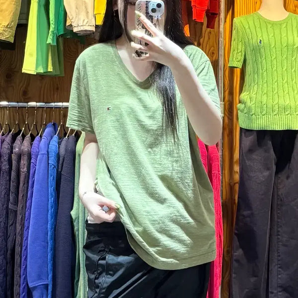 [BUNJANG] Tommy Hilfiger Avocado Cotton V-Neck Short Sleeve T-Shirt / M 타미힐피거 아보카도 코튼 브이넥 반팔티