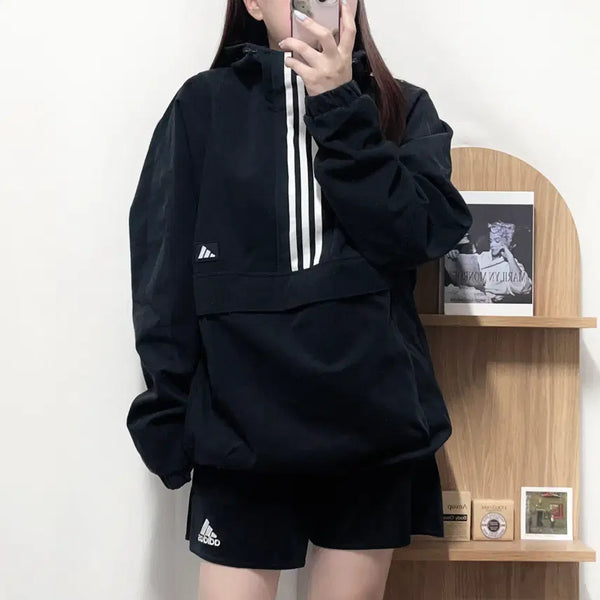 [BUNJANG] Adidas Black Corduroy Anorak Kangaroo Pocket / 아디다스 블랙 코듀로이 캥거루주머니 아노락 [ XL ]