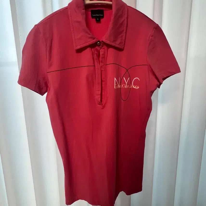 [BUNJANG] Calvin Klein Jeans Women's Cotton Spandex V-Neck Polo Shirt - Peach Pink, Size S / 캘빈클라인진 여성 면스판 카라티 핑크피치 S