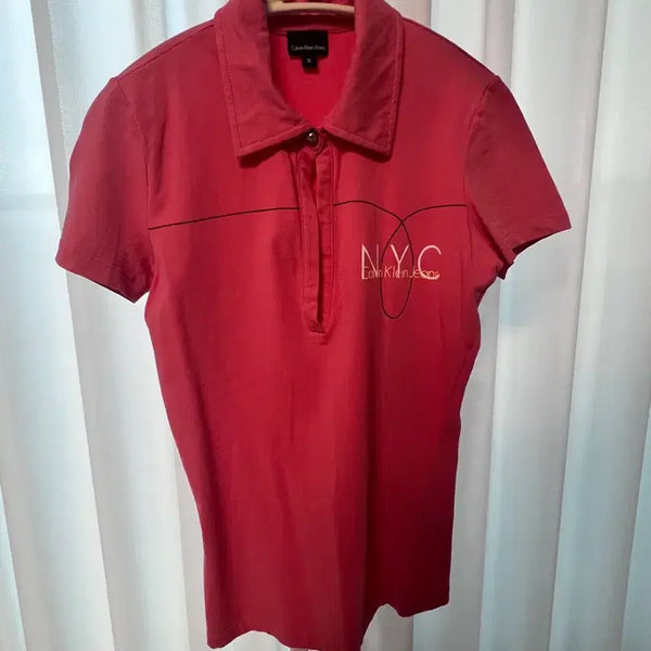 [BUNJANG] Calvin Klein Jeans Women's Cotton Spandex V-Neck Polo Shirt - Peach Pink, Size S / 캘빈클라인진 여성 면스판 카라티 핑크피치 S