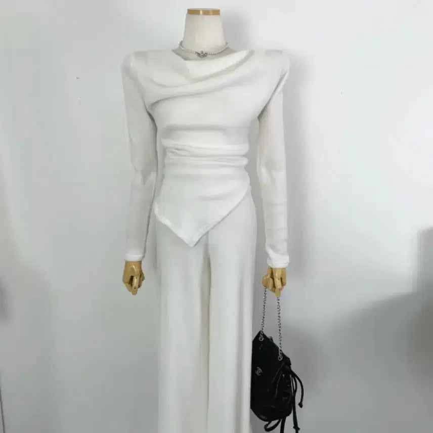 [BUNJANG] Brushed Cotton Off-Shoulder Shirring Knit and Wide Pants Two-Piece Set / 겉기모 드레이프 언발 오프숄더 셔링 니트 와이드 팬츠 투피스 세트