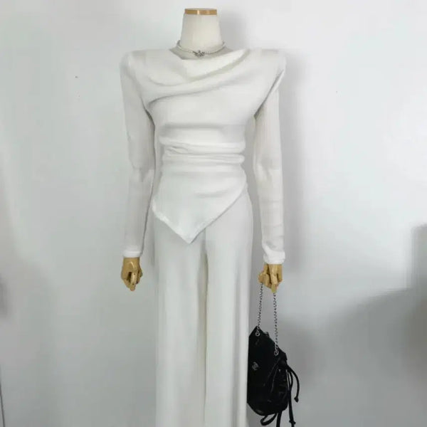 [BUNJANG] Brushed Cotton Off-Shoulder Shirring Knit and Wide Pants Two-Piece Set / 겉기모 드레이프 언발 오프숄더 셔링 니트 와이드 팬츠 투피스 세트