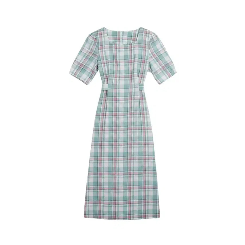 [BUNJANG] Women's Checked Square Neck Empire Waist Dress / 여성F/ 체크 스퀘어넥 청순 허리끈 원피스 MT 37-14