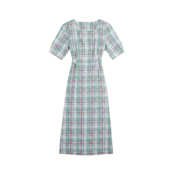 [BUNJANG] Women's Checked Square Neck Empire Waist Dress / 여성F/ 체크 스퀘어넥 청순 허리끈 원피스 MT 37-14