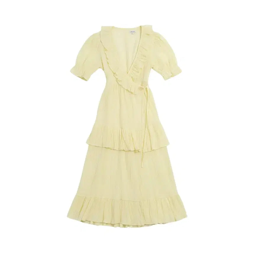 [BUNJANG] Women's Yellow Frilled Short-Sleeve Long Maxi Dress / 여성F/ 옐로우 프릴드 반팔 캉캉 롱원피스 37-20