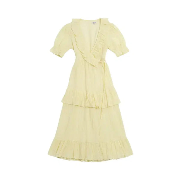 [BUNJANG] Women's Yellow Frilled Short-Sleeve Long Maxi Dress / 여성F/ 옐로우 프릴드 반팔 캉캉 롱원피스 37-20