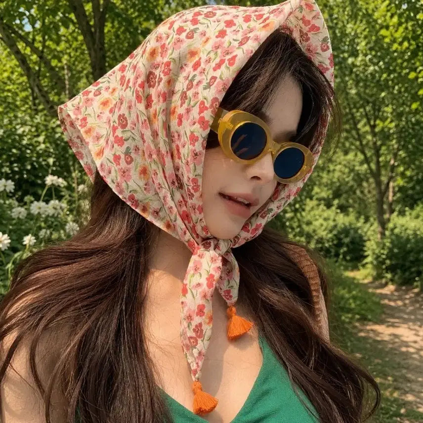 [BUNJANG] Flower Pattern Scarf with Orange Tassels / 플라워 패턴 스카프 (오렌지 태슬)