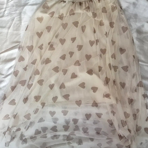[BUNJANG] Japanese Vintage Mori Kei Kawako-style Shiro-gyaru Heart Beige Chiffon Skirt / [새상품/택포]모리걸 사와코깔 시로갸루 일본빈티지 하트 베이지 샤 스커트