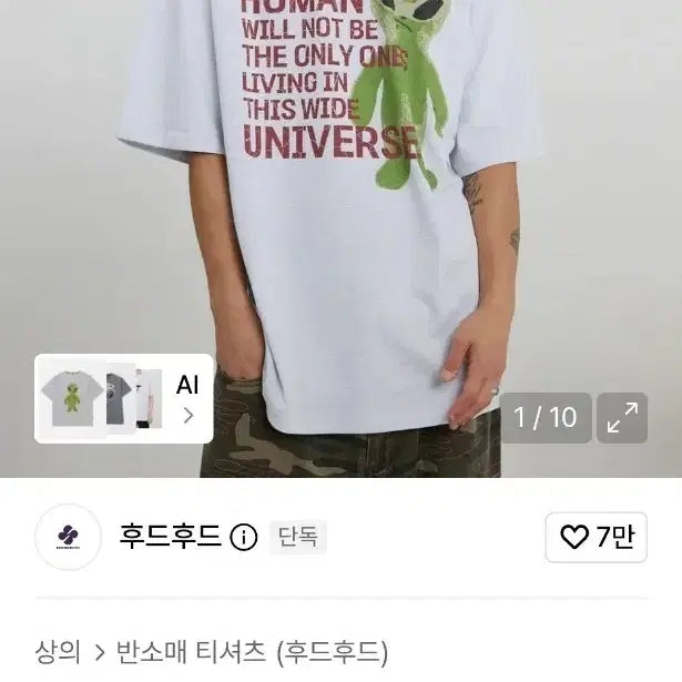 [BUNJANG] Alien Print Short Sleeve T-Shirt (Melange White) / 새제품 후드후드 외계인 에일리언 반팔티셔츠 멜란지화이