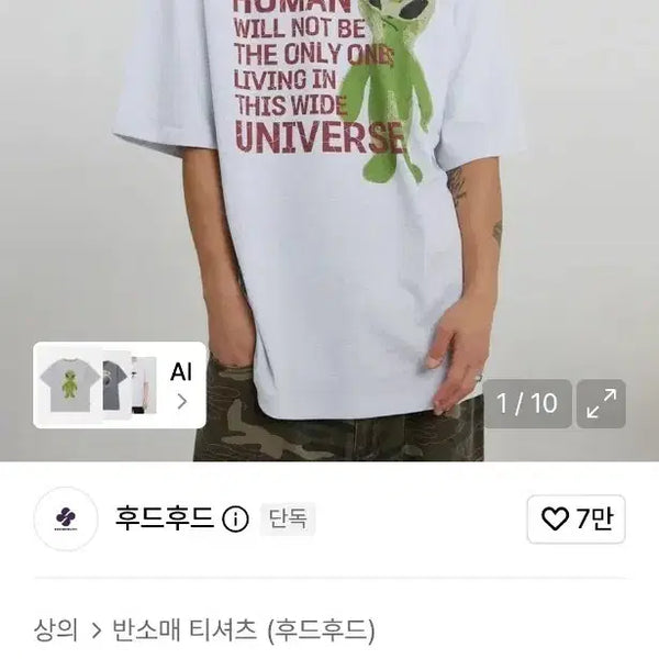 [BUNJANG] Alien Print Short Sleeve T-Shirt (Melange White) / 새제품 후드후드 외계인 에일리언 반팔티셔츠 멜란지화이