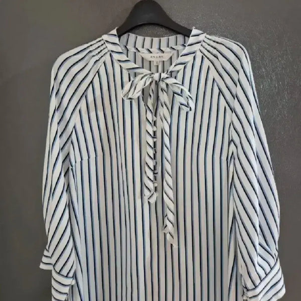[BUNJANG] ON&ON Striped Ribbon 7-Button Blouse Size 66 / 온앤온 스트라이프 리본 7부 블라우스 66