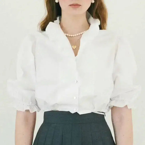 [BUNJANG] Pleata Pintuck Puff Cropped Short Sleeve Blouse / 플레따 핀턱 퍼프 크롭 반팔 블라우스