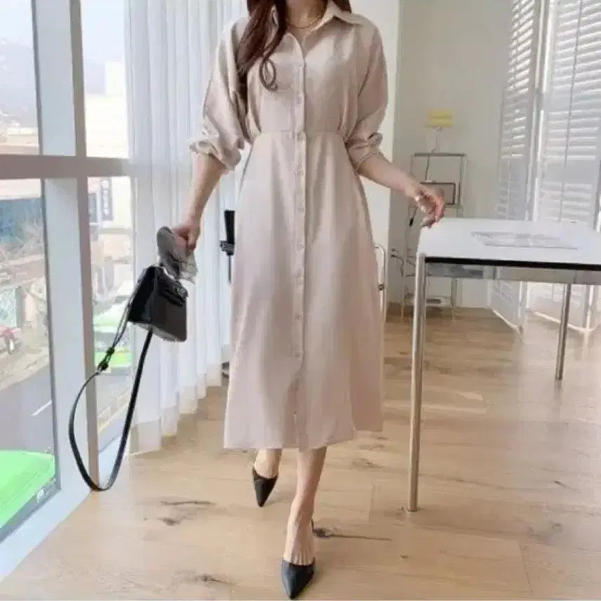 [BUNJANG] Satin Feel Collar Shirt Dress - Medium / 새틴 느낌 카라 셔츠 원피스 - M