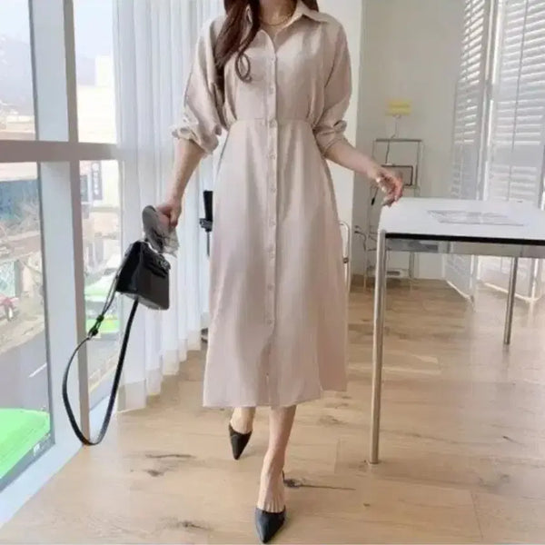 [BUNJANG] Satin Feel Collar Shirt Dress - Medium / 새틴 느낌 카라 셔츠 원피스 - M
