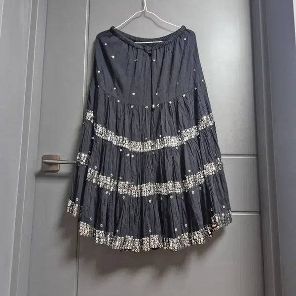 [BUNJANG] Sparkling Sequin Flared Maxi Skirt - Women's One Size (Fits 44-66) / 고급 아사면 전체스팽클.댄스.왕 플레어 스커트44ㅡ66