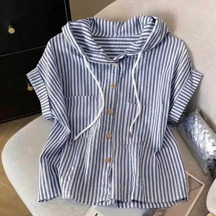 [BUNJANG] Striped Hooded Shirt Navy / 새상품 스트라이프 후드 셔츠 네이비