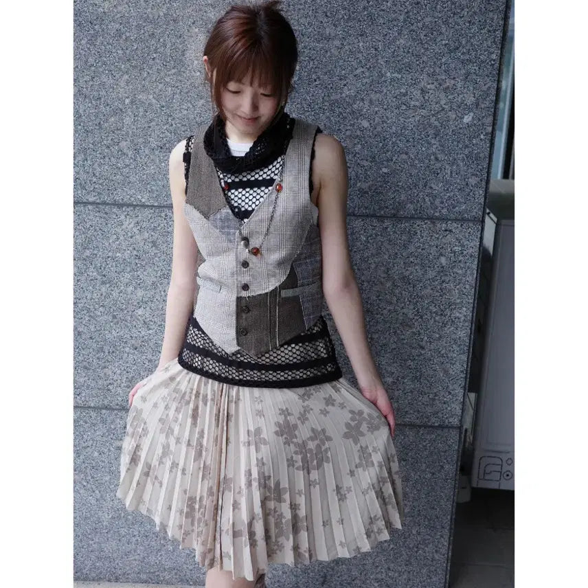 [BUNJANG] Natural Beauty Beige Floral Pleated Midi Skirt / 일본빈티지 베이지 플리츠 플로럴 미디 스커트 치마