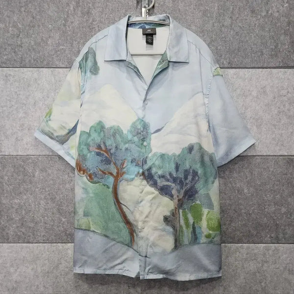 [BUNJANG] H&M Artwork Open Collar Short Sleeve Shirt - Sky Blue (Size M) / H&M 아트워크 오픈카라 반팔 셔츠 (사이즈 M)