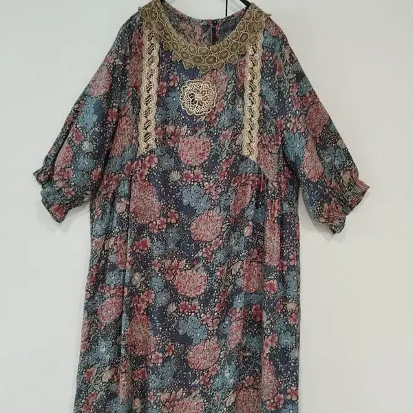 [BUNJANG] Linen Blend Floral Lace Color-Block Semi-Open Long Dress (Sizes 88-99) / 88 99 고급스런 꽃나염 린넨 마 레이스 배색 반오픈 원피스