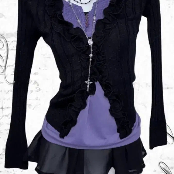 [BUNJANG] Vintage Purple Goth Coordi Set (Black Cardigan, Purple T-shirt, Black Frill Sleeveless) / 빈티지 퍼플 고스 코디세트 (블랙가디건, 퍼플티셔츠, 블랙프릴나시)