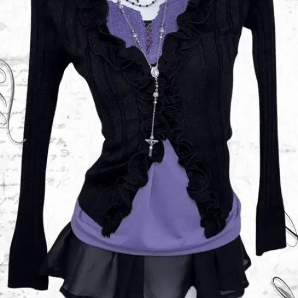 [BUNJANG] Vintage Purple Goth Coordi Set (Black Cardigan, Purple T-shirt, Black Frill Sleeveless) / 빈티지 퍼플 고스 코디세트 (블랙가디건, 퍼플티셔츠, 블랙프릴나시)