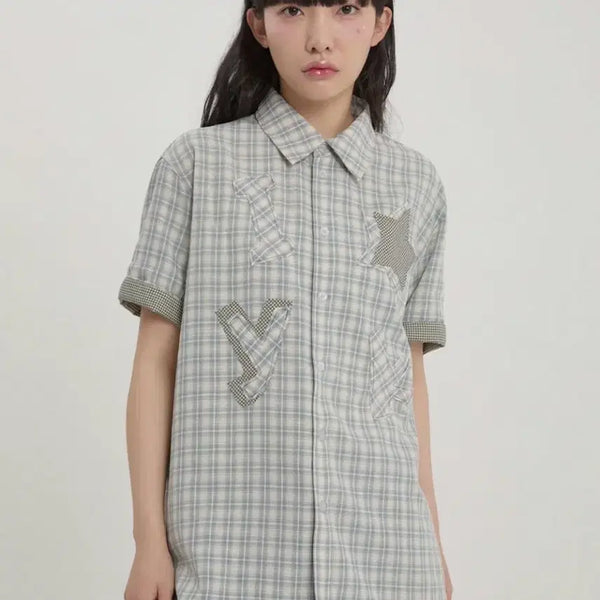 [BUNJANG] YK Star Applique Check Short Sleeve Shirt Mint Size 0 / 와이케이 스타 아플리케 체크 반팔 셔츠 민트0사이즈