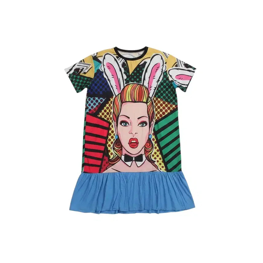 [BUNJANG] Women's Character Colorful Short Sleeve Dress / 여성F/ 캐릭터 알록달록 반팔 원피스 37-27