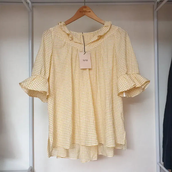 [BUNJANG] SJSJ Ruffle Detail Sheer Cotton Blouse / 한섬 SJSJ 프릴장식 시어서커 블라우스 듀엘 럭키슈에뜨 오즈세컨