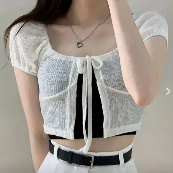 [BUNJANG] White Ribbon Puff Sleeve Cardigan / [새상품] 에이블리 화이트 리본 퍼프 소매 가디건