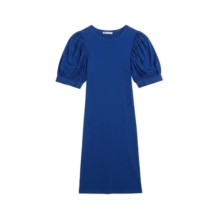 [BUNJANG] Zara Blue Spandex Ribbed Balloon Short Sleeve Dress (Women's S) / 여성S/ 자라 블루 스판 골지 벌룬 반팔 원피스 BL 37-30