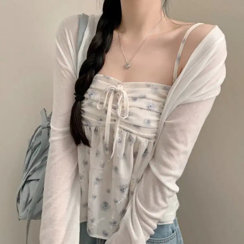 [BUNJANG] Floral Shirring Tank Blouse / [새상품] 플로럴 셔링 나시 블라우스