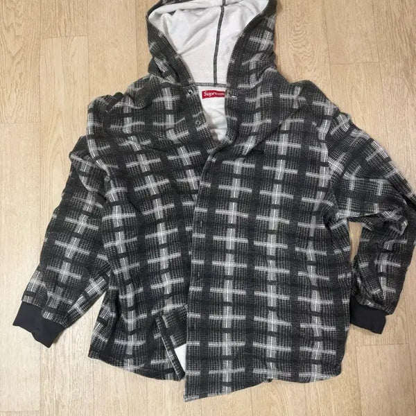 [BUNJANG] Supreme Plaid Knit Shirt Black XL / 슈프림 후드 플레이드 니트 셔츠 블랙Xl