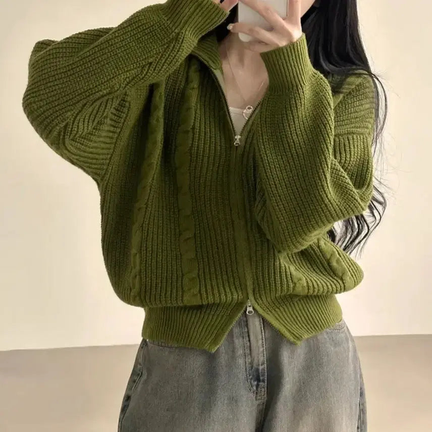 [BUNJANG] Abley Olive Knit Two-Way High-Neck Cardigan / 새상품 에이블리 올리브 니트 투웨이 하이넥 가디건