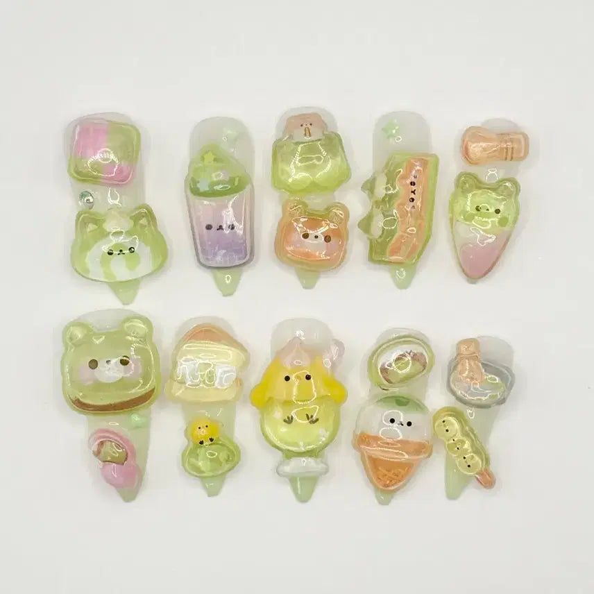 [BUNJANG] Matcha Bongbong Drop 3D立体 Stickers Nail Tips (Custom Handmade) / 말차 봉봉드롭3d입체스티커 네일팁 말차연두키치xs/s/m/l 주문제작수제