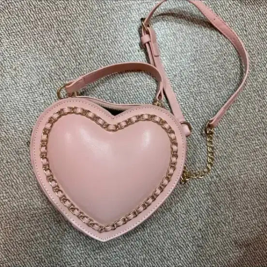 [BUNJANG] Heart Shape Shoulder Bag Pink Gold Chain / 하트 모양 숄더백 핑크색 금색 체인