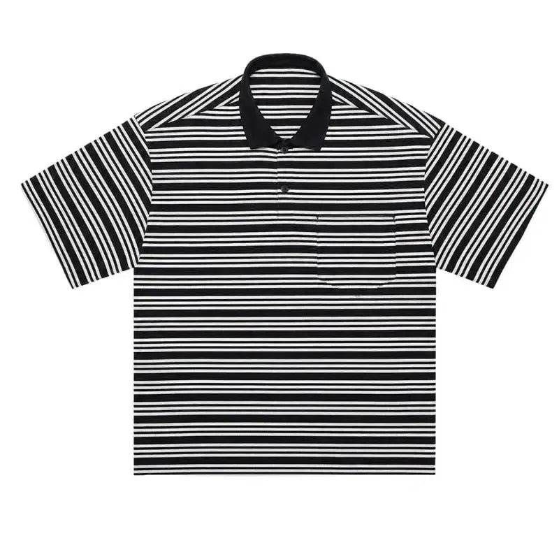 [BUNJANG] Kamien Stripe Crop Polo Short Sleeve T-Shirt Black / 카미엔 스트라이프 크롭 폴로 반팔 티셔츠 블랙