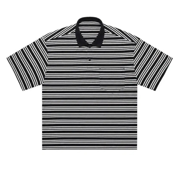 [BUNJANG] Kamien Stripe Crop Polo Short Sleeve T-Shirt Black / 카미엔 스트라이프 크롭 폴로 반팔 티셔츠 블랙