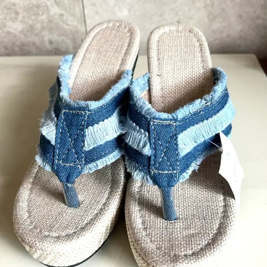 [BUNJANG] Denim Wedge Heel Slippers - Women's US 7 / 데님 웻지힐 슬리퍼 새제품 국내235
